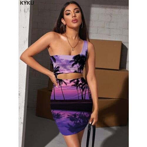 KYKU Landscape Dresses Women Coconut Tree Halter Sleeveless Cloud Bodycon Dress Sunset Pleating Womens Clothing Mini Evening