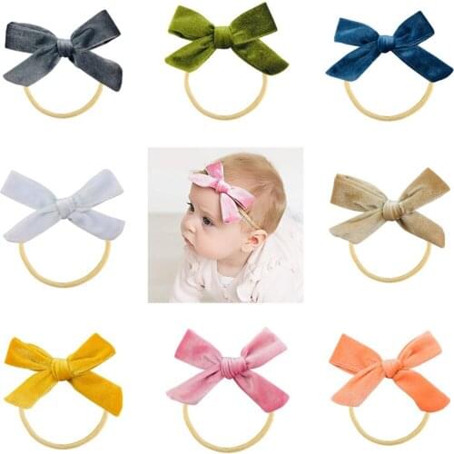 30Pcs/Lot Hand Tied Velvet Bow Knot With Nylon Headbands Girls Soft Head Bandage Hairband Toddler Spring Summer Hair Accessorie