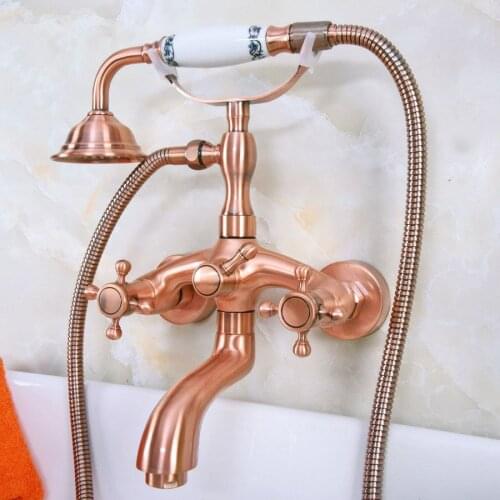 Antique Red Copper Brass Wall Mounted Bathroom Clawfoot Tub Faucet Mixer Tap Telephone Shower Head Dual Cross Handles ana322