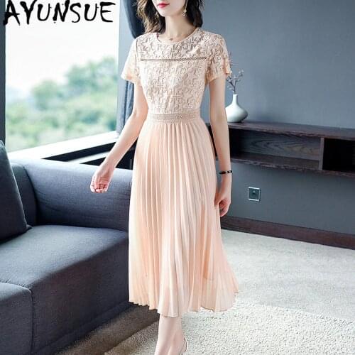AYUNSUE Women Summer Chiffon Dress 2020 Elegant Lace Pleated Dress Female Beach Long Dresses Party Vestidos LGH1913424H KJ4255