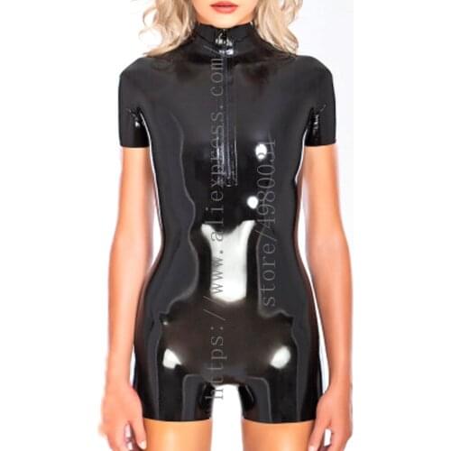 Made of 0.4mm thickness natural latex bodysuit one piece womens black Fetish catsuit with front zip decorations