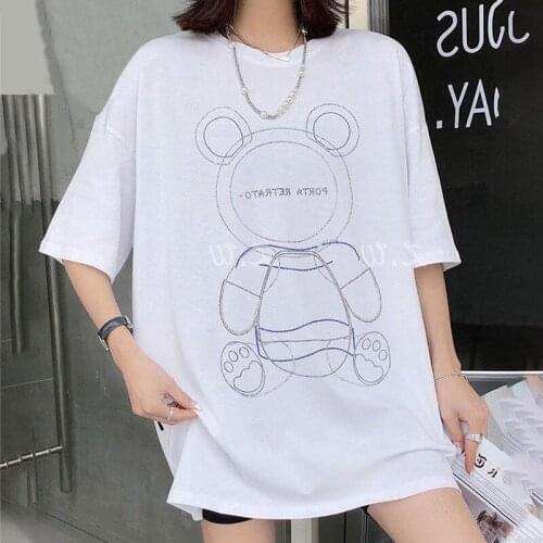 100% Cotton Summer T Shirt Women Hot Drill Bear New Round Neck Loose Short Sleeve Fashion Versatile Medium Length Tops