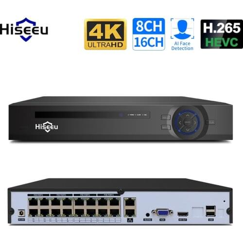 Hiseeu 4K 8CH POE NVR H.265 3.5mm Audio Out Surveillance Security Video Recorder for POE IP Camera (1080P/4MP/5MP/8MP/4K)