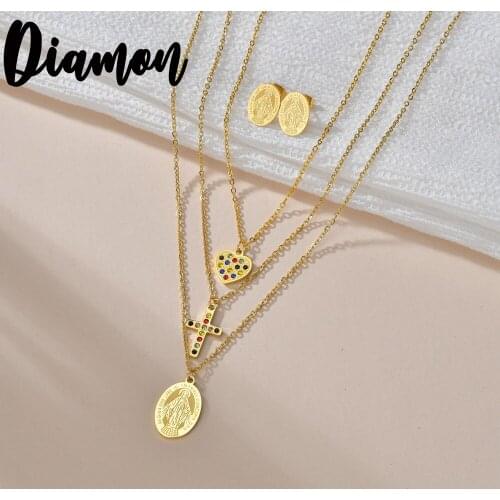 Diamon 2020 Women Multilayer Colorful Heart Oval Cross Religious Necklace & Earring Set Wedding Party Exquisite Jewelry Gifts