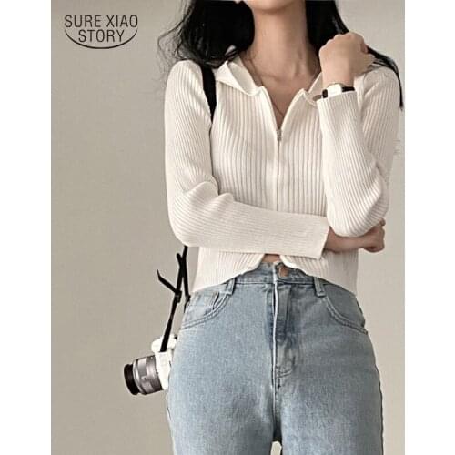 Short Elegant Casual Cardigan Woman Chic Autumn Sexy Double Zipper Long-sleeved Sweater Woman Lapel Elastic Thin Coat Top 16572