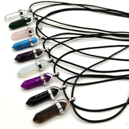 Hot Sale Fashion Leather Chains Couple Jewelry Natural Stone Hexagonal Column Bullet Shape Pendant Necklace