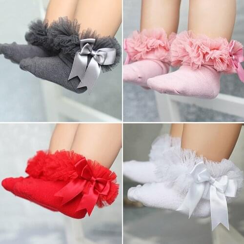 Cute Baby Socks With Lace Christening Party For Newborn Girl Frilly Sock Princess Girls Bowknot Ankle Socks Solid Children Socks