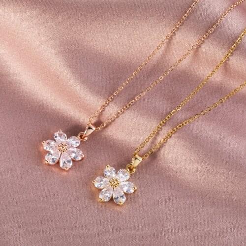 Fashion Crystal Flower Pendant Necklace For Women Girls Cute Plant Copper Charms Stainless steel Chain Choker Jewelry Gifts