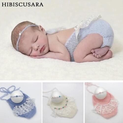 Newborn Baby Mohair Rompers Pearls Lace Infant Photography Clothing Costumes Soft Photo Knitted Romper With Headband