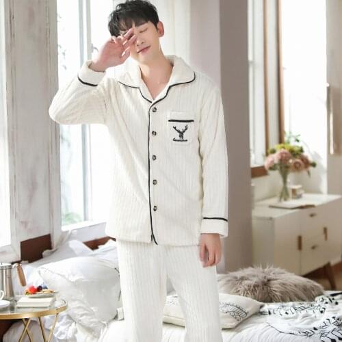 Plus Size 3XL White Nightwear Long Sleeve Winter Thicken Warm Flannel Pajamas Sets Soft Sleepwear Long Pant Male Men Pajamas Set