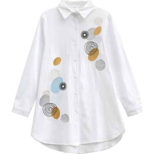 Casual Simple Loose Slim Top Fashion Pure Cotton Polka Dot Embroidered Long Sleeve Top Royal Blue White 2021 Fall New Top