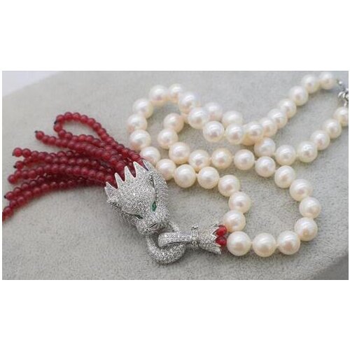 Freshwater pearl white round 9-10mm leopard red bead necklace 18"nature