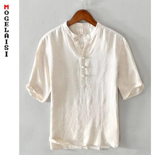 NEW men shirt 100% linen solid summer short sleeve Breathable khaki man tops man shirts fashion clothing Chemise homme 3309