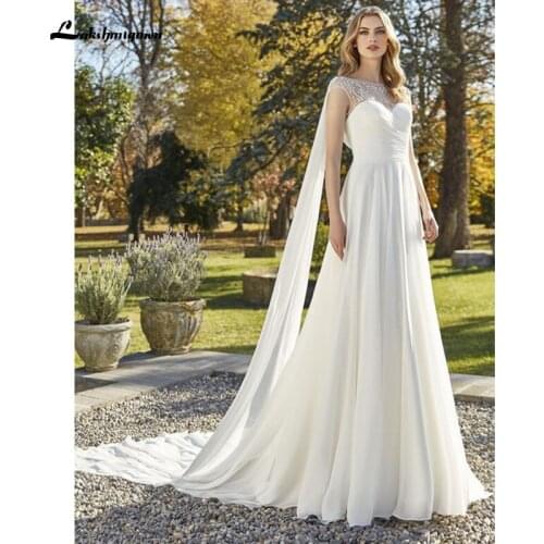 Ivory A-Line Chiffon Wedding Dresses With Cape 2021 Sheer Neckline beads Pleat Sweep Train Backless Civil Bridal Gown