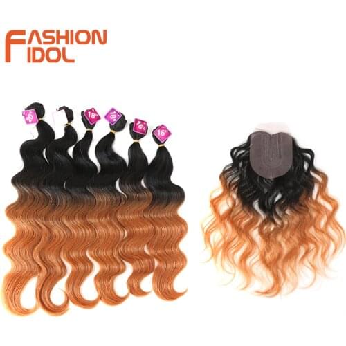 FASHION IDOL Body Wave Synthetic Hair Bundles With Closure 16-20 Inch 7 Pcs/lot Ombre Blonde Weaving Hair Extension For Women