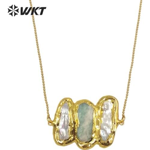 WT-JN136 Wholesale fashion gold electroplated triple stone mix pearl statement necklace women raw stone necklace