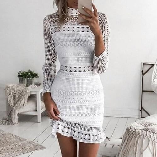 #Z20 Mini Lace Dress Women Summer Long Sleeve Dresses Sexy White Elegant Hollow Out Party Dress For Women Pencil Vestidos