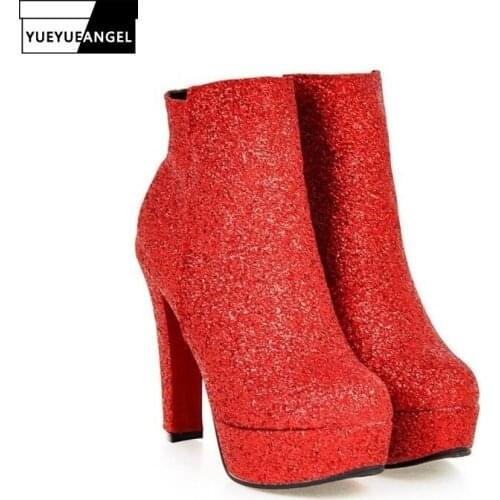 2020 New Fashion Ankle Boots Autumn Zipper Super High Heel Pu Leather Wedding Shoes Female Footwear Red Gold Silver Pink Laarzen