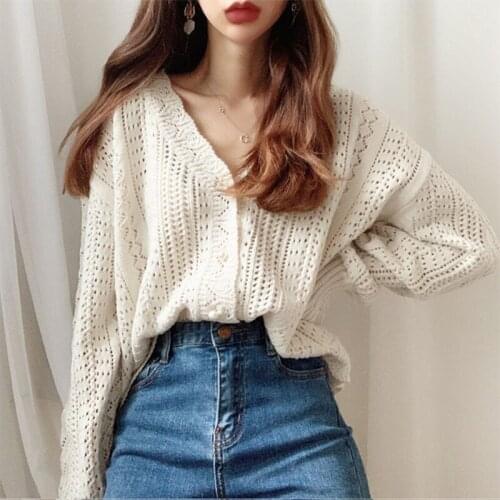 Retro Hollow Womens Knitted Sweater Jacket Girly Style Lotus Leaf Sleeve V-neck Loose Single-breasted Spring And Autumn Sweater