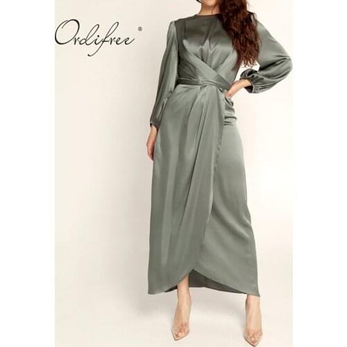 Ordifree 2021 Summer Women Satin Party Dress Long Sleeve Elegant Lady Silk Shiny Maxi Night Dress