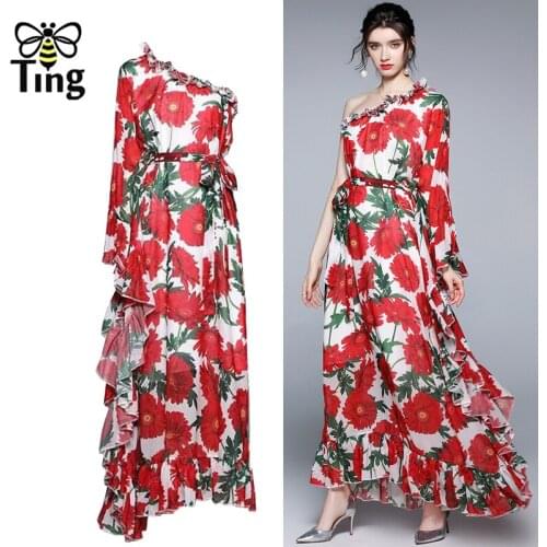 Tingfly Summer Runway Vogue Floral Print One Shoulder Maxi Party Long Dresses Ruffles Women Loose Fashion Elbise Frocks For Lady