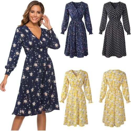 Spring New Women Chiffon Print V-neck Dress Waist Long-sleeved Dress Big Swing Dovetail Skirt