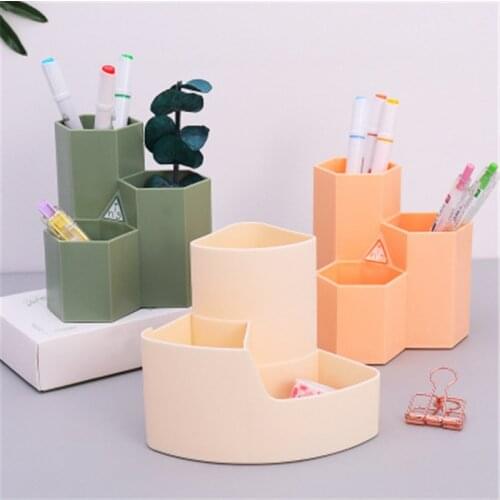 1Pc Pencil Box with Phone Holder PP Colorful Home Office Hexagonal Cosmetic Makeup Brush Storage Multi-function Desk Organizer