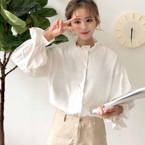 2020 Korean Style Solid White Yellow Long Flare Sleeve Blouse Women Cardigan Ruffle Collar Clothing Button Up Shirt Blusas 11250