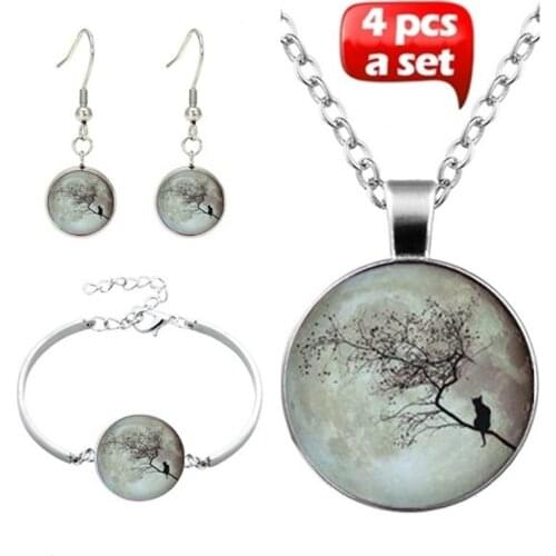 4Pcs/Set New Handmade Glass Creativity Moon and Cat Pendant Choker Necklace Bracelet Earrings For Fashion Women Accessories