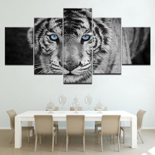 5 Piece Painting Calligraphy Blue Eyes Tiger Canvas Painting Prints Wall Art Pictures Modern Poster Home Decor No Framework