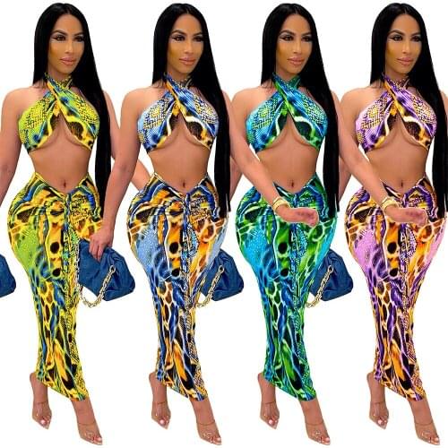 Adogirl Sexy Tie Dye Print Summer Beachwear Women Two Piece Sets Fashion Crop Top+Drawstring Skirt Suit Matching Set Plus Size