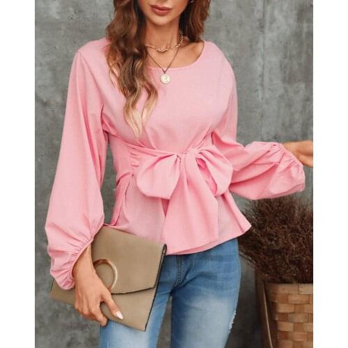Womens Blouses Spring Autumn Solid Color Blouse Bow O-Neck Lantern Sleeve Shirt Womens Clothing 2021 Causal Blusas Femme Tops