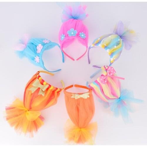 Trolls Headband Kids Birthday Party Hair Accessories Princess Rainbow Troll Hair Handmade Tulle Headband Kids Halloween Gift