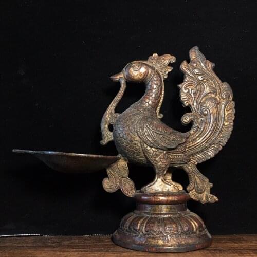 8"Chinese temple collection Old Bronze Lacquer Cinnabar Phoenix statue Phoenix wax table Oil lamp Office Ornaments Town House