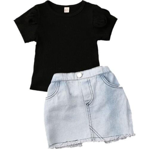 1-5Years Kid Girls Clothing Set Short Puff Sleeve Suspender Ruffle Cowboy High Waist Warp Summer