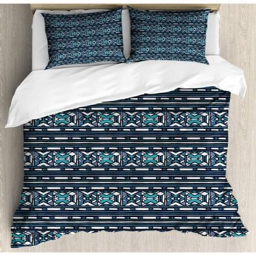 Aztec Duvet Cover Set Assortment of Primitive Geometric Shapes 3 Piece Bedding Set Dark Turquoise Seafoam
