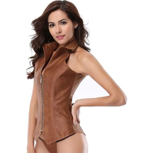Faux Leather Zipper Overbust Corset Sexy Lapel Steel Boned Steampunk Costume Gaine Amincissante Femme Plus sizeS-6XL корсет