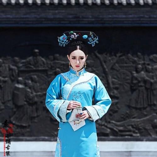 Yu'Er Blue Qing Dynasty Princess QiFu Costume Vintage Costume Chinese Hotel Waitress Costume Hanfu