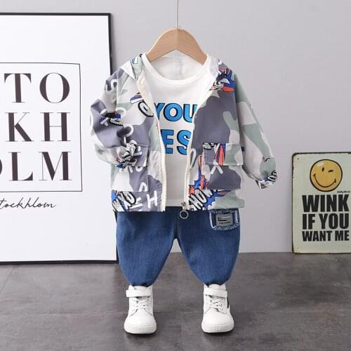 Baby boy clothes fashion letter printing hooded suit spring autumn childrens clothing boy casual T-shirt jacket jeans 3 pieces