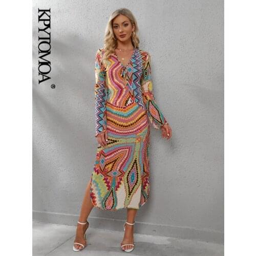 KPYTOMOA Women 2021 Chic Fashion With Drawstring Printed Midi Dress Vintage Long Sleeve Side Vents Female Dresses Vestidos Mujer