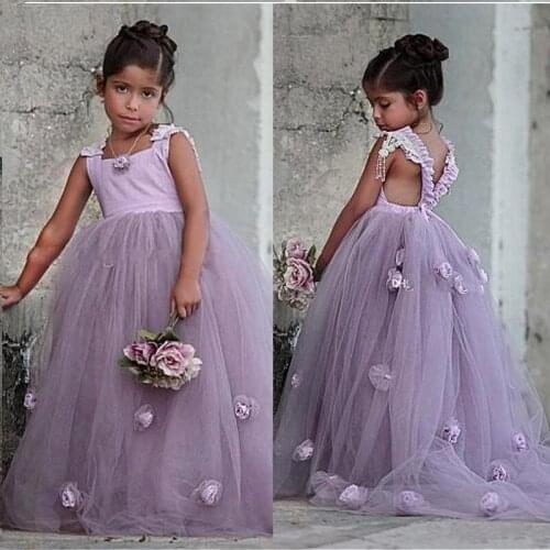 Beautiful Lavendar Flower Girl Dresses 3D Flowers Girls Pageant Gowns For Kids Wedding Party Dress Ball Gown Bridesmaid Dresses