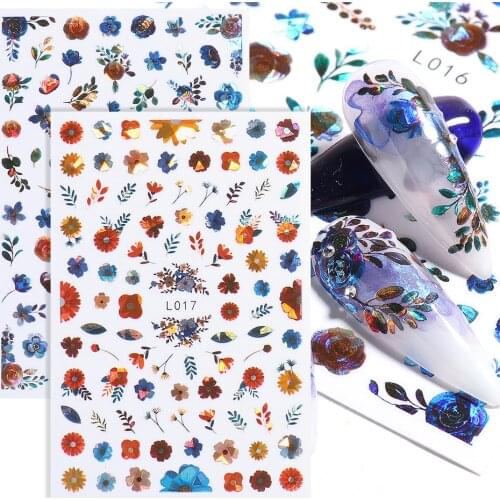 Laser Leaf Nail Stickers Holographic Dried Flower Lucky Clover Fire Flame Star Gradient Slider Gel Polish Decor Foil SAL015-22