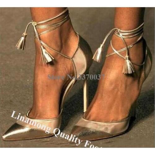 Linamong Women Fashion Gold Patchwork Mesh Stiletto Heel Pumps Lace-up Strap Cross High Heels Formal Dress Wedding Shoes