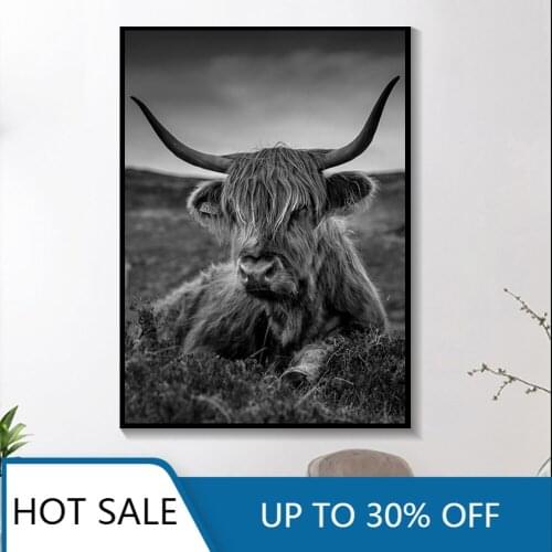 Minimalist Farm Animal Wall Art Canvas Painting Posters Prints Black Highland Cow Highland Bull Snow Pictures for Boys Room Deco