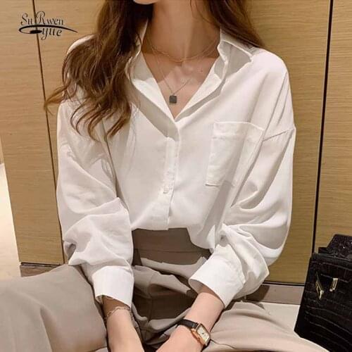 Fashion Long Sleeve Pocket Sunscreen Blouse Women Korean Style Lapel White Shirt Womens Early Autumn Button Up Loose Tops 12606