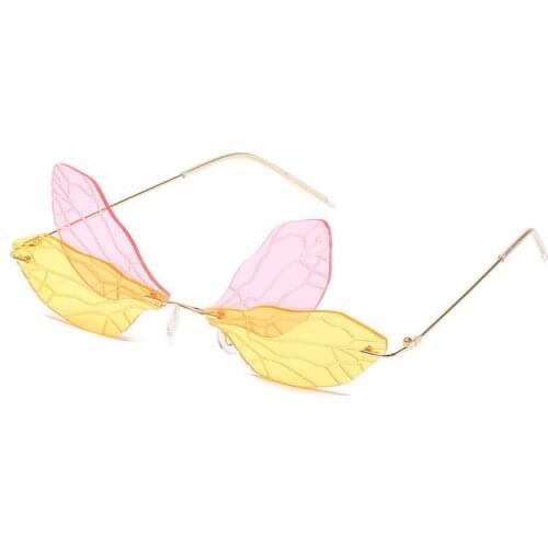 Fashion Rimless Dragonfly Wing Sunglasses Women Vintage Clear Lens Eyewear Men Pink Yellow Sun Glasses Shades UV400