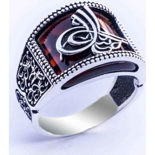 Ottoman Tuğralı Red Agate Stone Silver Ring