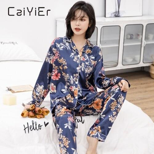 CAIYIER 2020 Silk Satin Pajamas Set Blue Deer Print Nightwear Sexy Lingerie Female Spring Winter Sleepwear Bathrobe Home Clothes