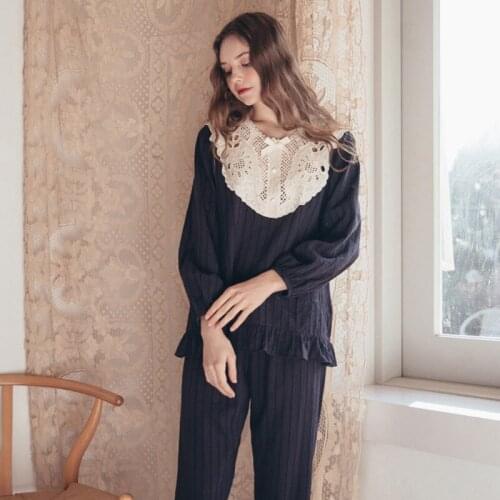 Pajamas Autumn And Winter Female New Style Sweet Literature Art Hollow-Out Lace Sexy Cotton Leisure Suit Lounge Negligee Pajama