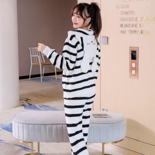 Women Stripes Printed Pajamas Set Full Sleeve Hooded Flannel Warm Pyjamas Thick Coral Velvet Sleepwear Loose Homewear Suit